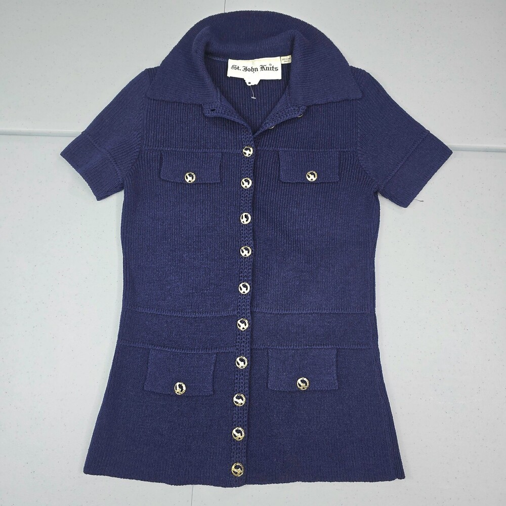70s Vintage St. John Knits XS-S Blue Knit Top/Utility Shirt/Tunic/Military Butto